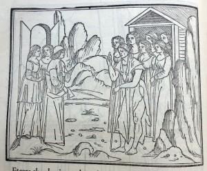 Poliphilo meets Theude and her servants (1499)