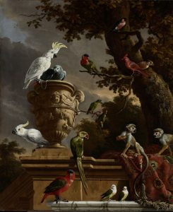 A painting of a menagerie with birds and monkeys