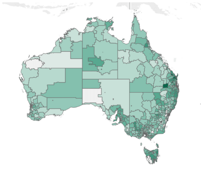Image of a map of Australia, with regions colour-coded to indicate the spatial distribution of working age adults with disabilities according to 2016 census data