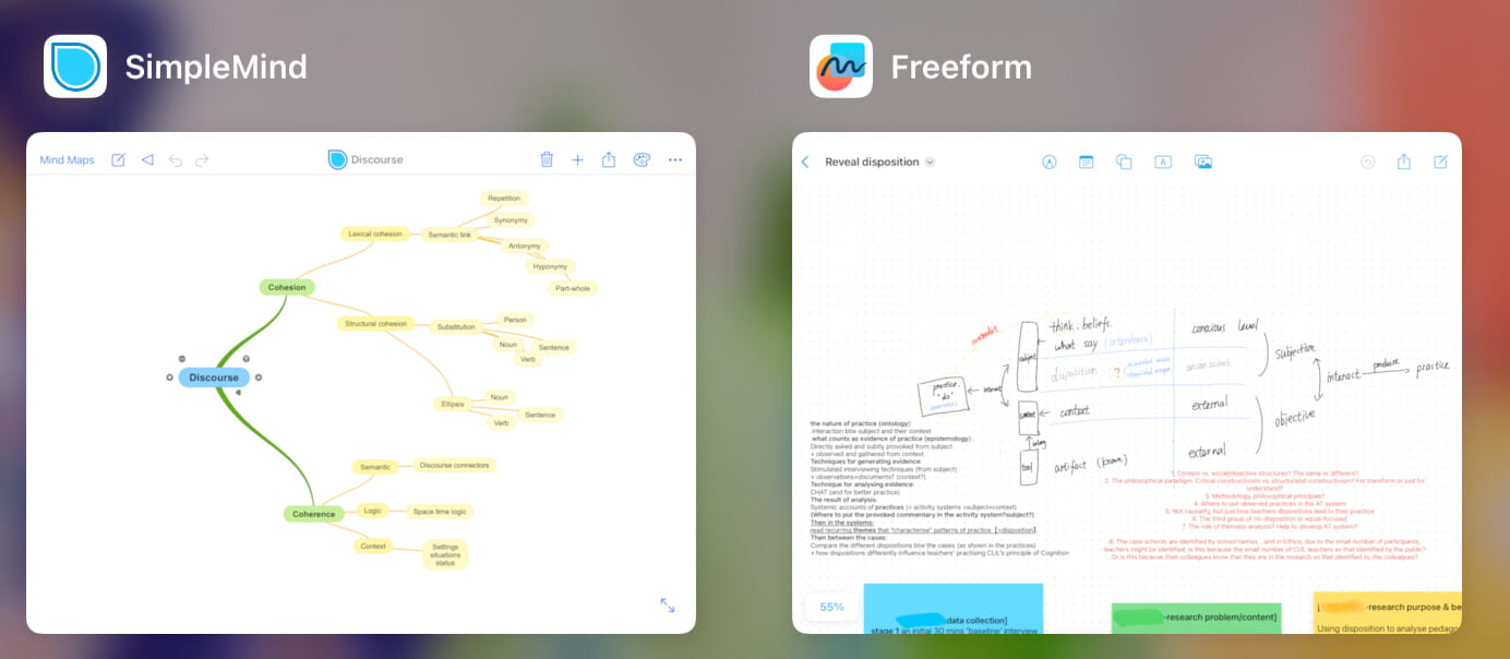 Screen grab of mind maps in SimpleMind and Freeform apps.