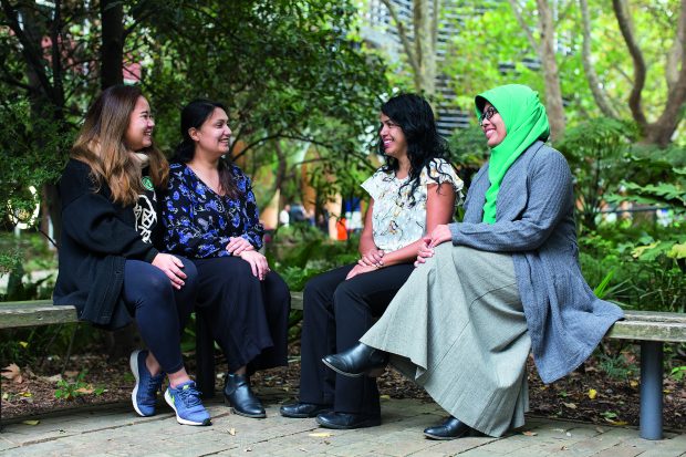 Photo of Nupur Nag (in white top), Nur Atika (with head scarf), Saqiba Sheerazi (in paisley top) and Jinia Lilianty (in black with scarf) taken at Melbourne University on May 2 by Stephen McKenzie (0425 846 182).