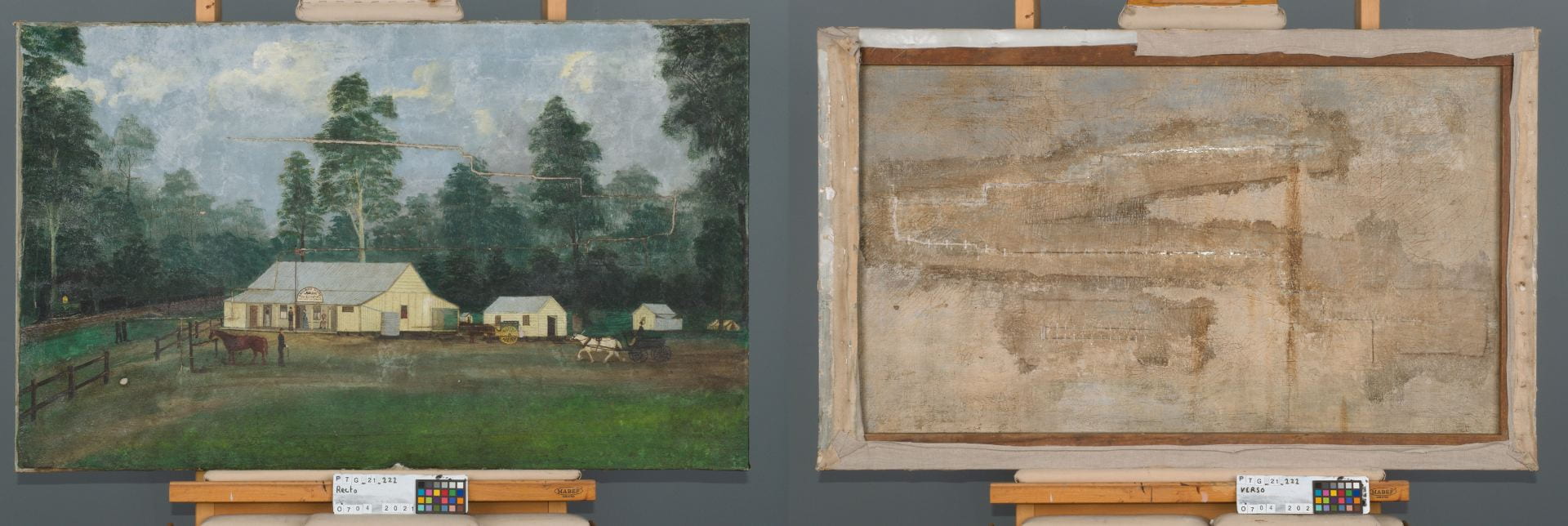 Two photos showing the front and back of a painting