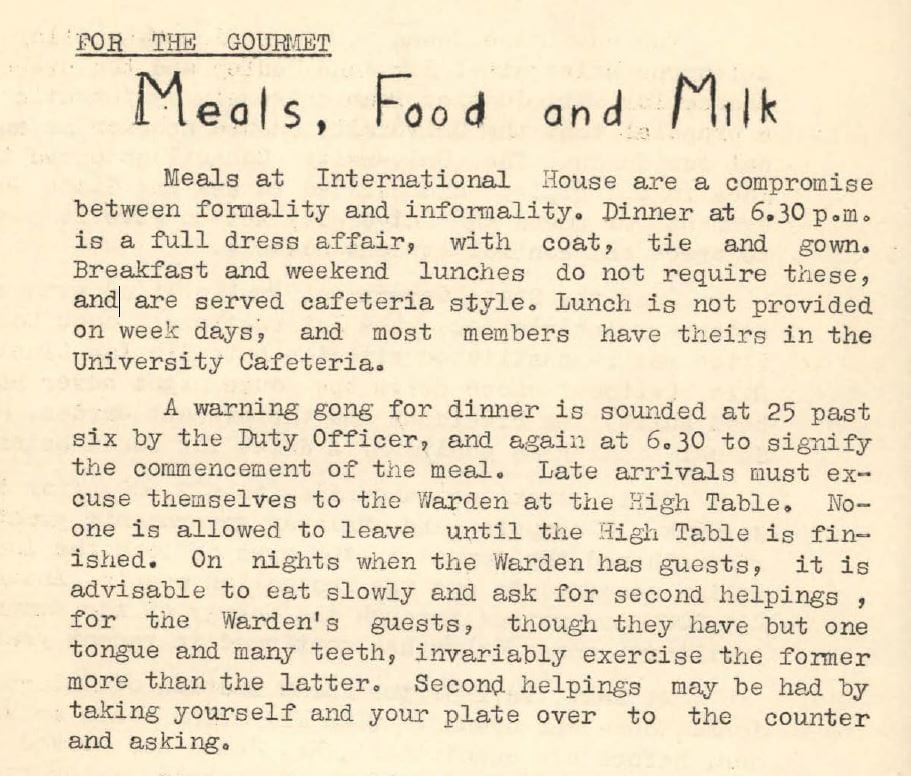 Extract from the Internatinal House orientation handbook for 1961 describing arrangements for meals