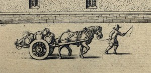 Engraving of a man leading horse cart outside Merton College