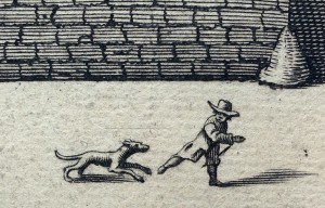Engraving of a youth being chased by a dog outside Jesus College