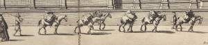 Engraving of a team of pack horses outside the Church of St Mary the Virgin