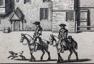 Engraving of two gentlemen on horseback outside University College, Oxford