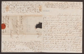 Figure 1 Front and back pages of Dorothy Bright's letter dated 26 September 1794 with evidence of wax seal, shifts in orientation and run-on postscript. 