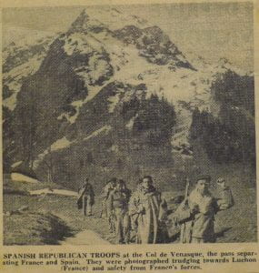 Newspaper image of Spanish Republican troops after crossing the Pyranees.