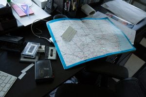 Greer's audio paraphernalia and map. Photograph: Nathan Gallagher 