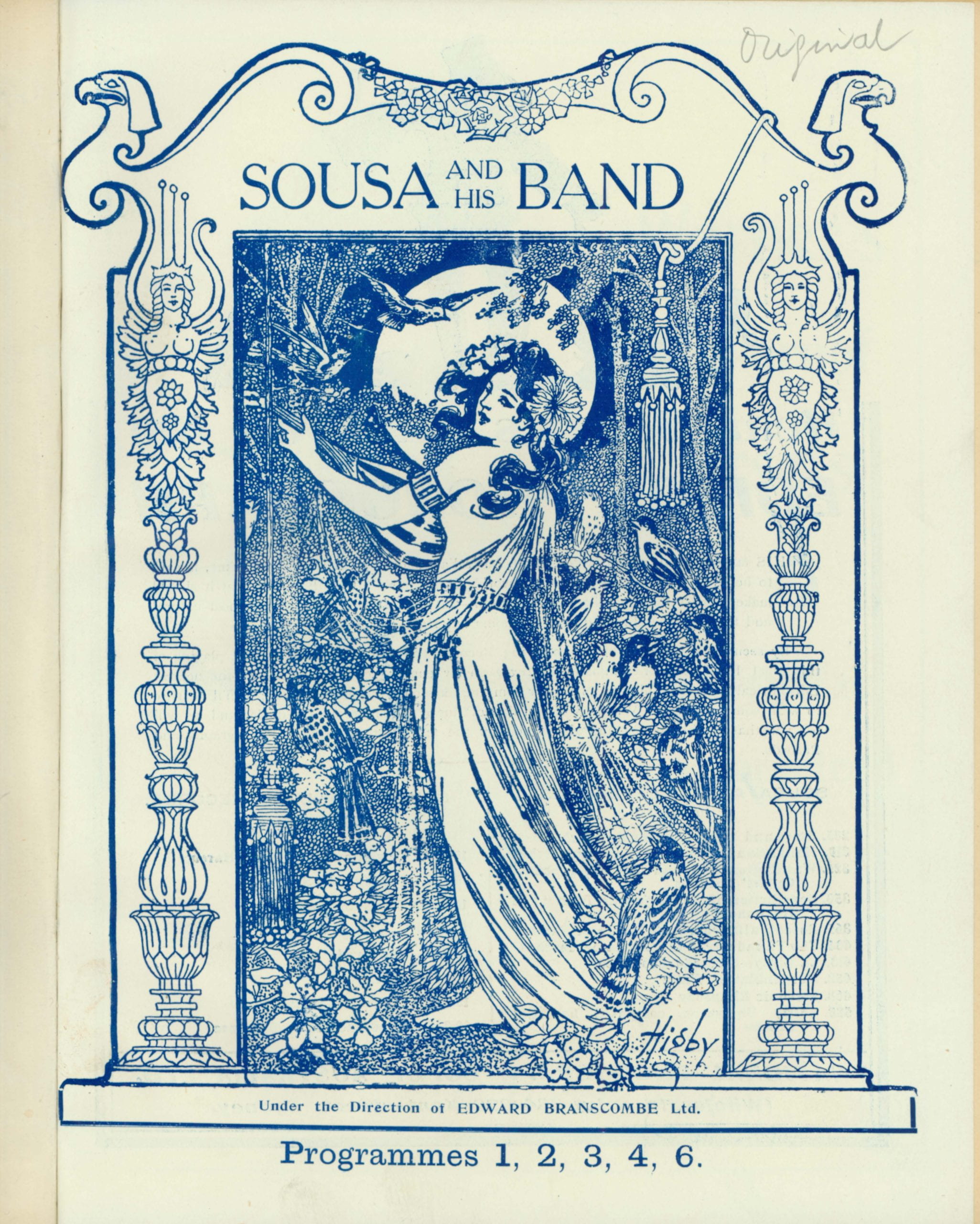 Blue Art Nouveau design of a women holding a lute, surrounded by birds.