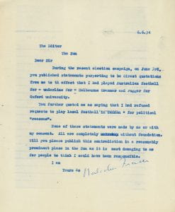 Letter from Malcolm Fraser to the Editor of The Sun newspaper, 6 June 1954