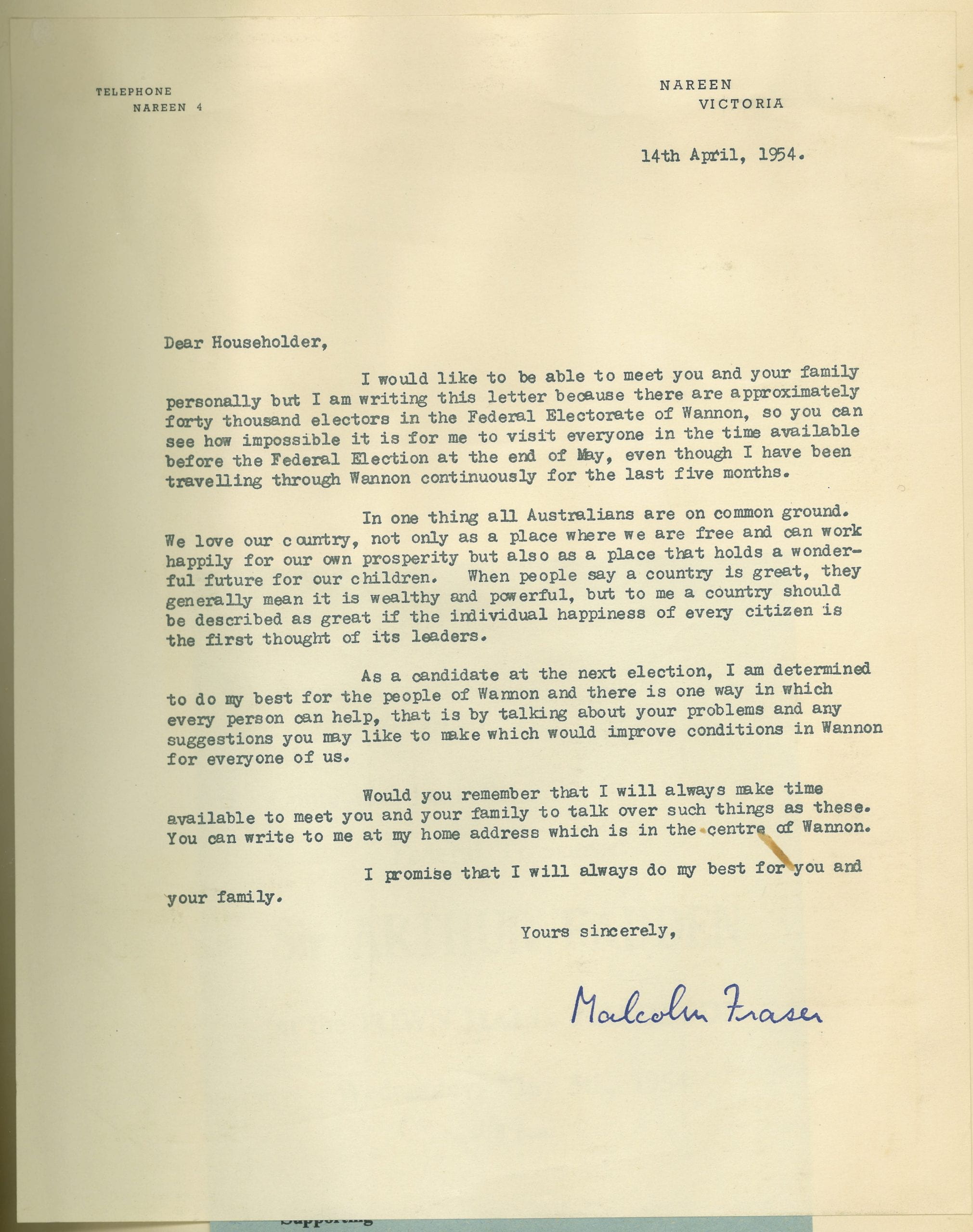 Electorate letter from Malcolm Fraser, 14 April, 1954