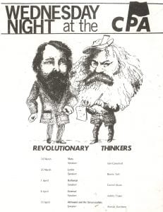 Black and white flyer of an event called Wednesday Night at the CPA. The flyer features cartoon sketches of Friedrich Engels and Karl Marx