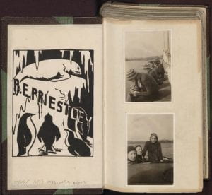 Figure 6: Inside cover of volume 1 of Priestley's Australian diary with bookplate and photographs.
