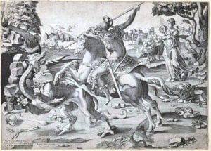 Enea Vico, St. George Killing the Dragon (1542), engraving after Giulio Clovio