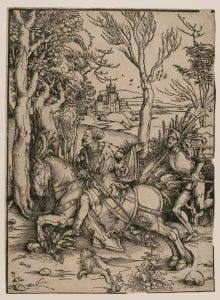 Albrecht Dürer, "Knight and the lansquenet" (c.1496), before treatment.