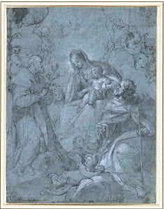 Attributed to Pietro de Pietri, Adoration, pen and sepia ink with white bodycolor on prepared blue paper