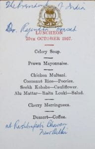 Menu from a Luncheon in India, 25 October 1957. 