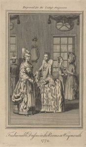 Unknown artist Fashionable dresses in the rooms at Weymouth, engraving, 1774