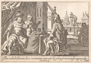 Pieter Hendricksz Schut after Matthaeus Merian, Matthaeus, Haman Pleads For His Life Before Esther and the King (1659) engraving.