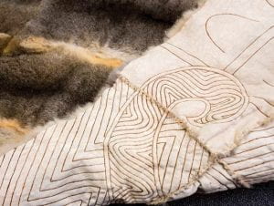 Mandy Nicholson, Wurundjeri-willam, Possum Skin Cloak 2014. Possum pelts, nylon wax string, woodburnt design. University of Melbourne Collection.
