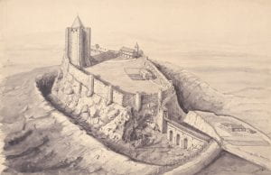 C.H. Ashdown, Conisborough Castle in 1190, pencil and watercolour, 1921.