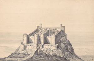 C.H. Ashdown, Harlech Castle in 1300, pencil and watercolour, 1921.
