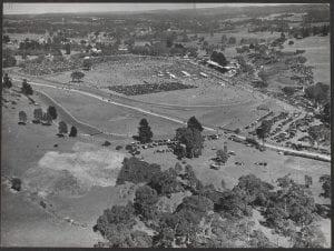 Oakbank Racecourse, the scene of the Great Eastern steeplechase on Easter Monday each year, 1948