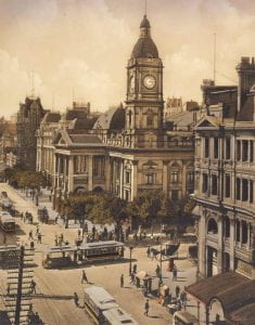 Melbourne Town Hall, hand coloured photograph, Sears’ Studios, 1910 (State Library of Victoria)