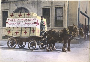 Delivery of crates of wholemeal biscuits for Prisoners of War, leaving Swallow and Ariell premises, 