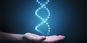 Hand holding DNA strand