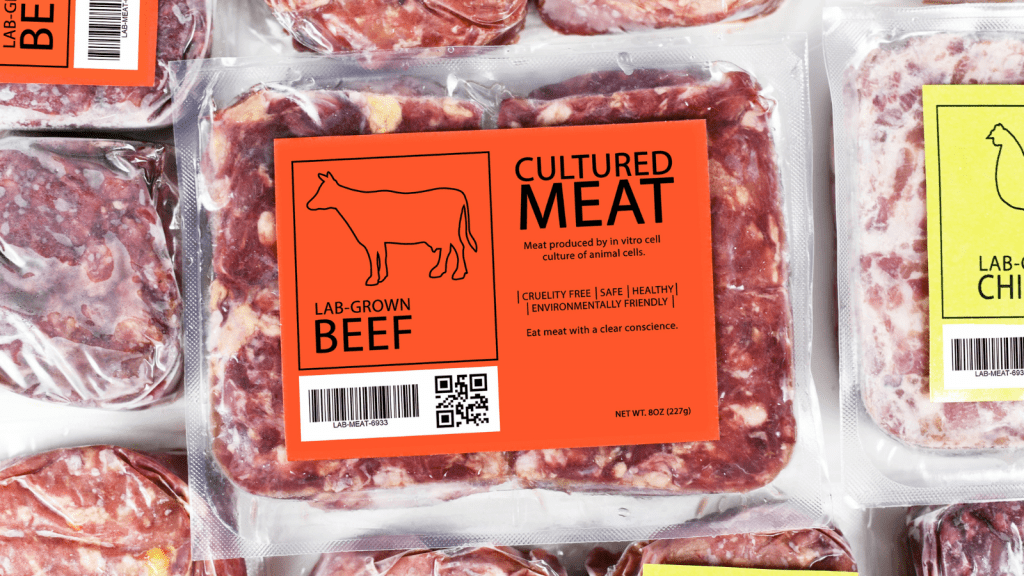 Vacuum packed beef steaks with a "cultured meat/lab-grown beef" label