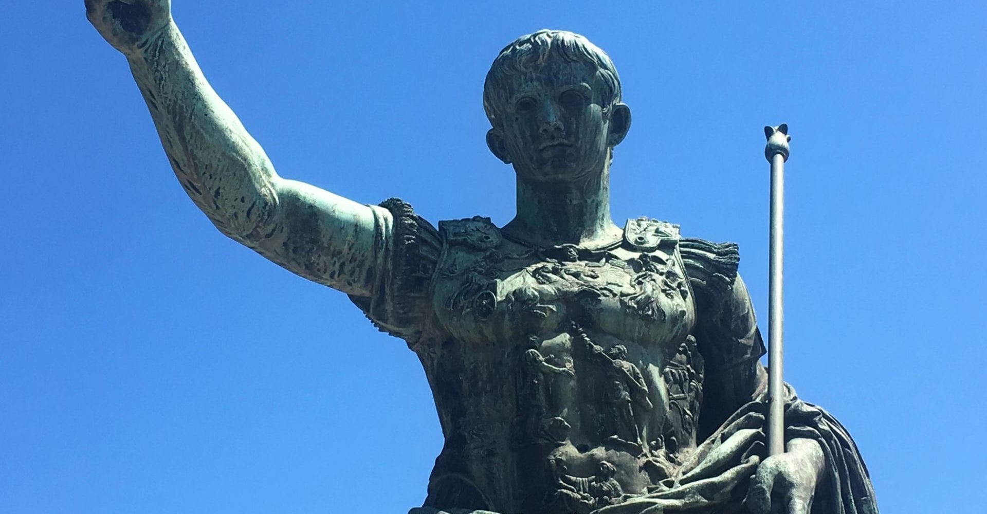 Twentieth-century bronze statue of the Roman Emperor Augustus, erected by Mussolini, Via dei Fori Imperiali, Rome, 2018. Photograph © Donna Storey