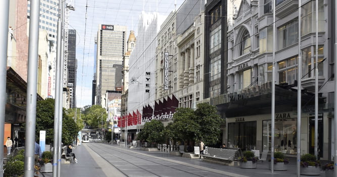 Bourke Street Mall, Melbourne, looking West (detail), 24 March 2020. Photographer: Katie Dunning (Old Treasury Building). A Journal of the Plague Year: an Archive of CoVid19