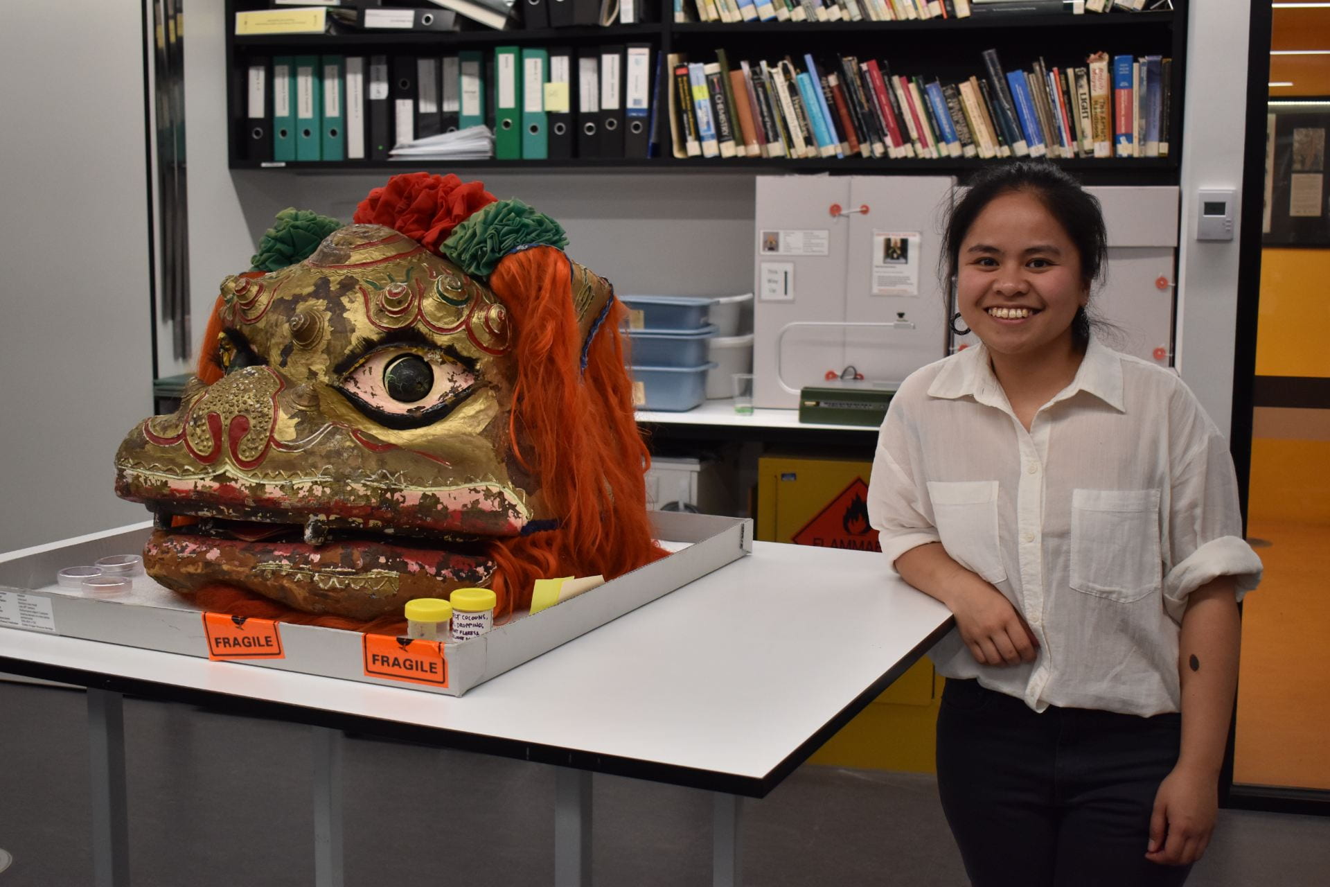 Camille Calanno with the Golden Dragon Museum’s Northern Lion Head