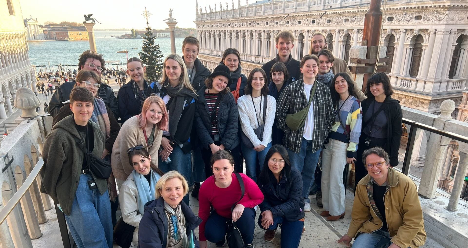 The Venice Overseas Intensive has been inaugurated for the first time since COVID interruptions to student travel. Andrea Rizzi (SOLL) and Catherine Kovesi (SHAPS) are pictured here atop Saint Mark's Basilica with this year's cohort.