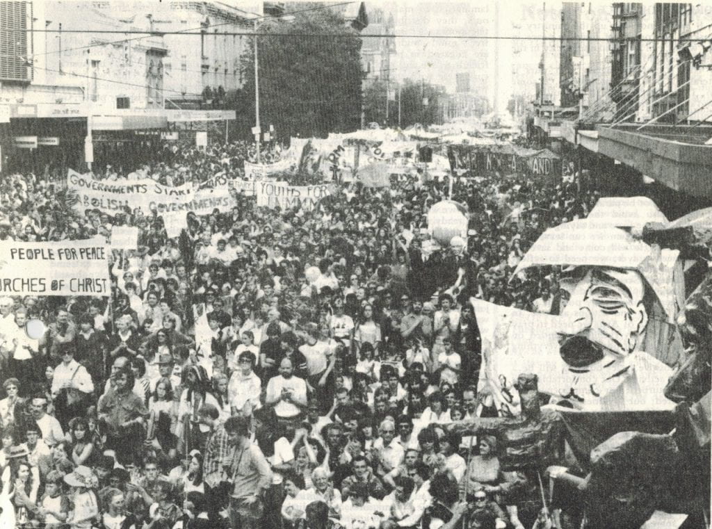 Palm Sunday anti-nuclear march, from the intersection of Swanston and Bourke Streets looking south towards the Shrine of Remembrance, 1984. Photographer: Michael Coyne for the Catholic Peacemaker newsletter, courtesy Val Noone